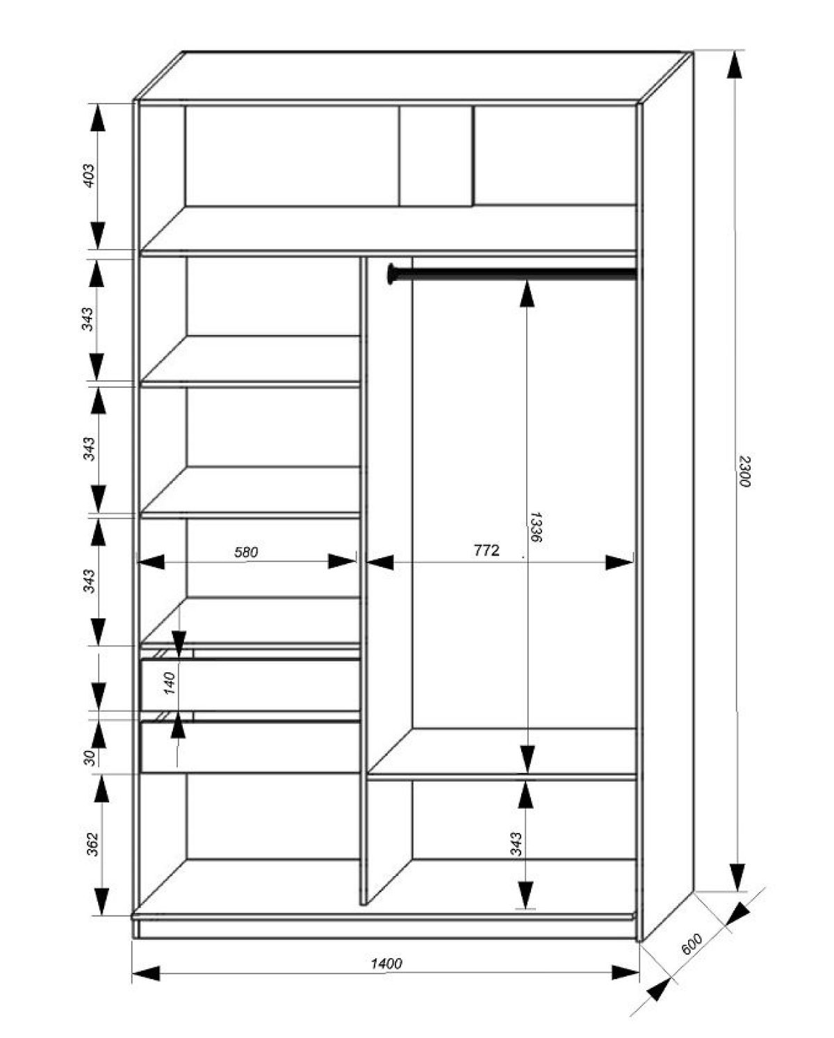 Шкаф-купе 1400 серии SOFT D6+D4+B2+PL2 (2 ящика+1штанга+1 полка) профиль «Капучино» | фото 3