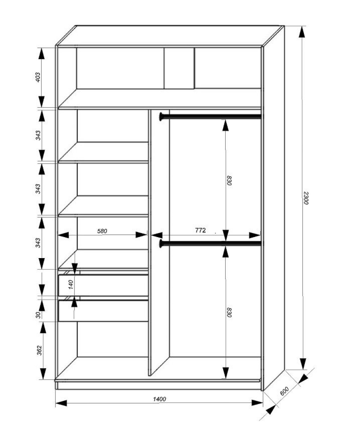 Шкаф-купе 1400 серии SOFT D6+D6+B2+PL3 (2 ящика+2штанги) профиль «Капучино» | фото 3
