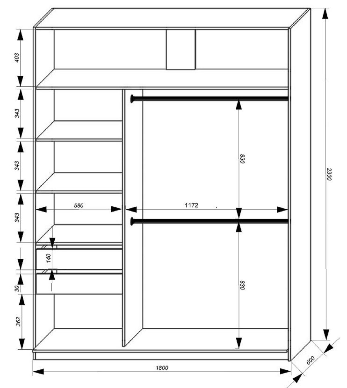 Шкаф-купе 1800 серии SOFT D6+D6+B2+PL3 (2 ящика+2штанги) профиль «Капучино» | фото 3
