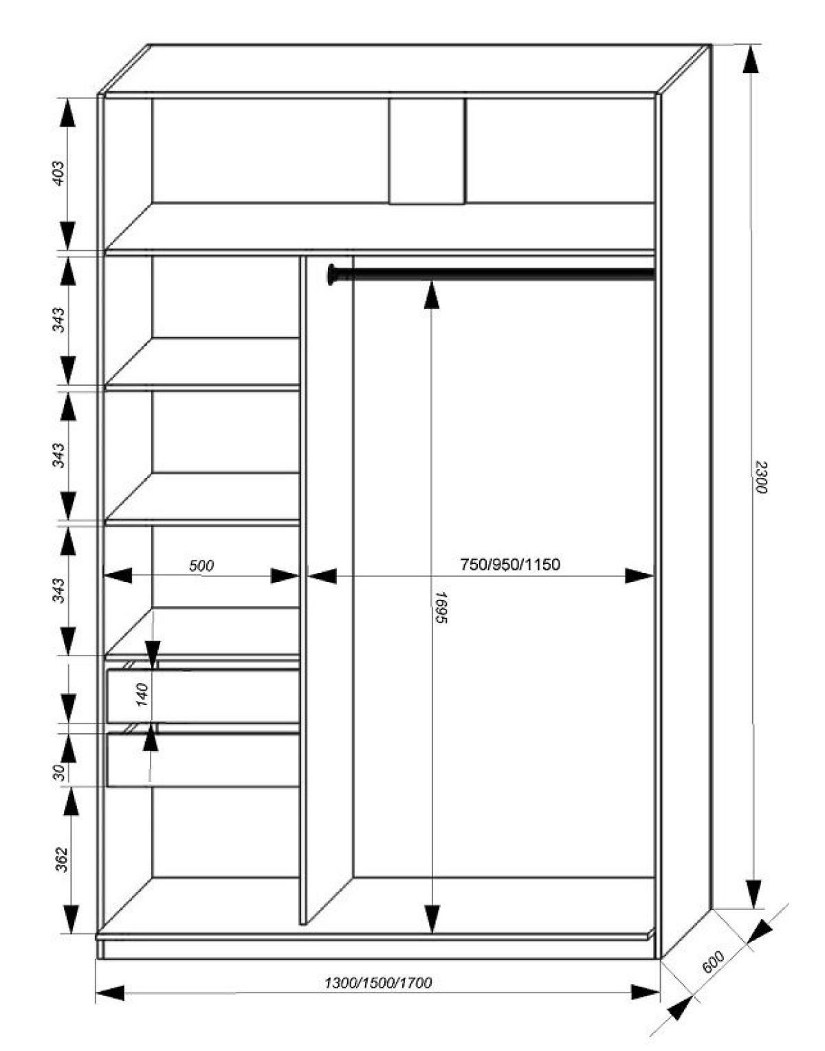 Шкаф-купе 1700 серии SILVER S4+S3Z+B2+PL1 (2 ящика+1 штанга) профиль «Серебро» | фото 3