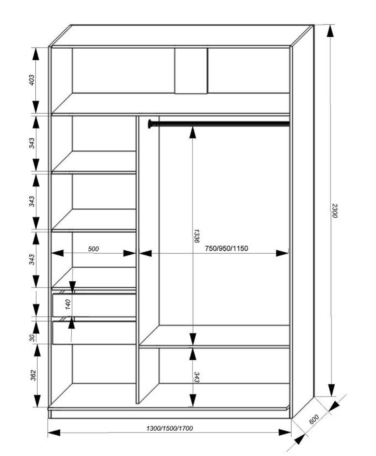 Шкаф-купе 1700 серии SILVER S1+S1+B2+PL2 (2 ящика+1 штанга+1 полка) профиль «Серебро» | фото 3