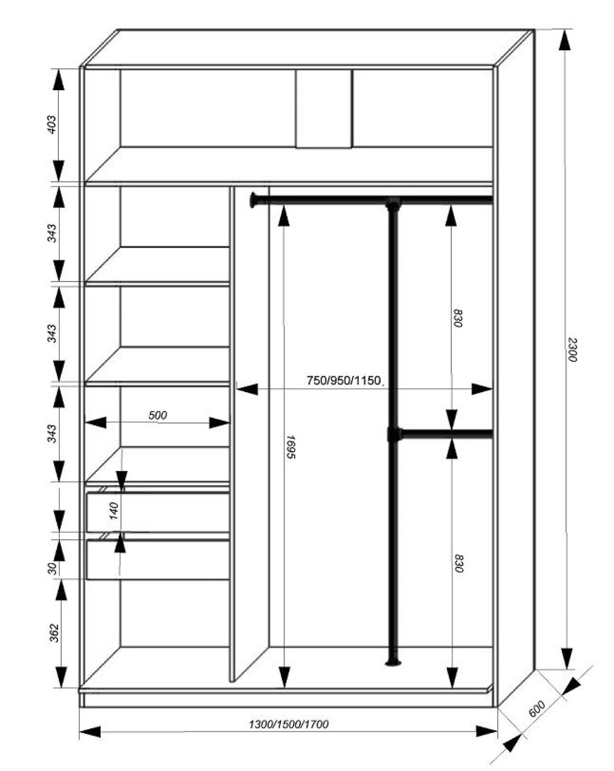 Шкаф-купе 1300 серии SILVER S3+S4+B2+PL4 (2 ящика+F обр.штанга) профиль «Серебро» | фото 3