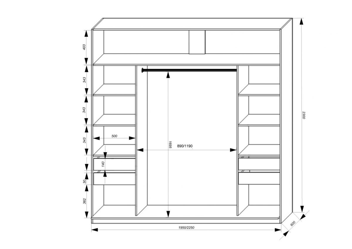 Шкаф-купе 1950 серии SILVER S6+S1+S6Z B22+PL1 (по 2 ящика лев/прав+1 штанга) профиль «Серебро» | фото 3