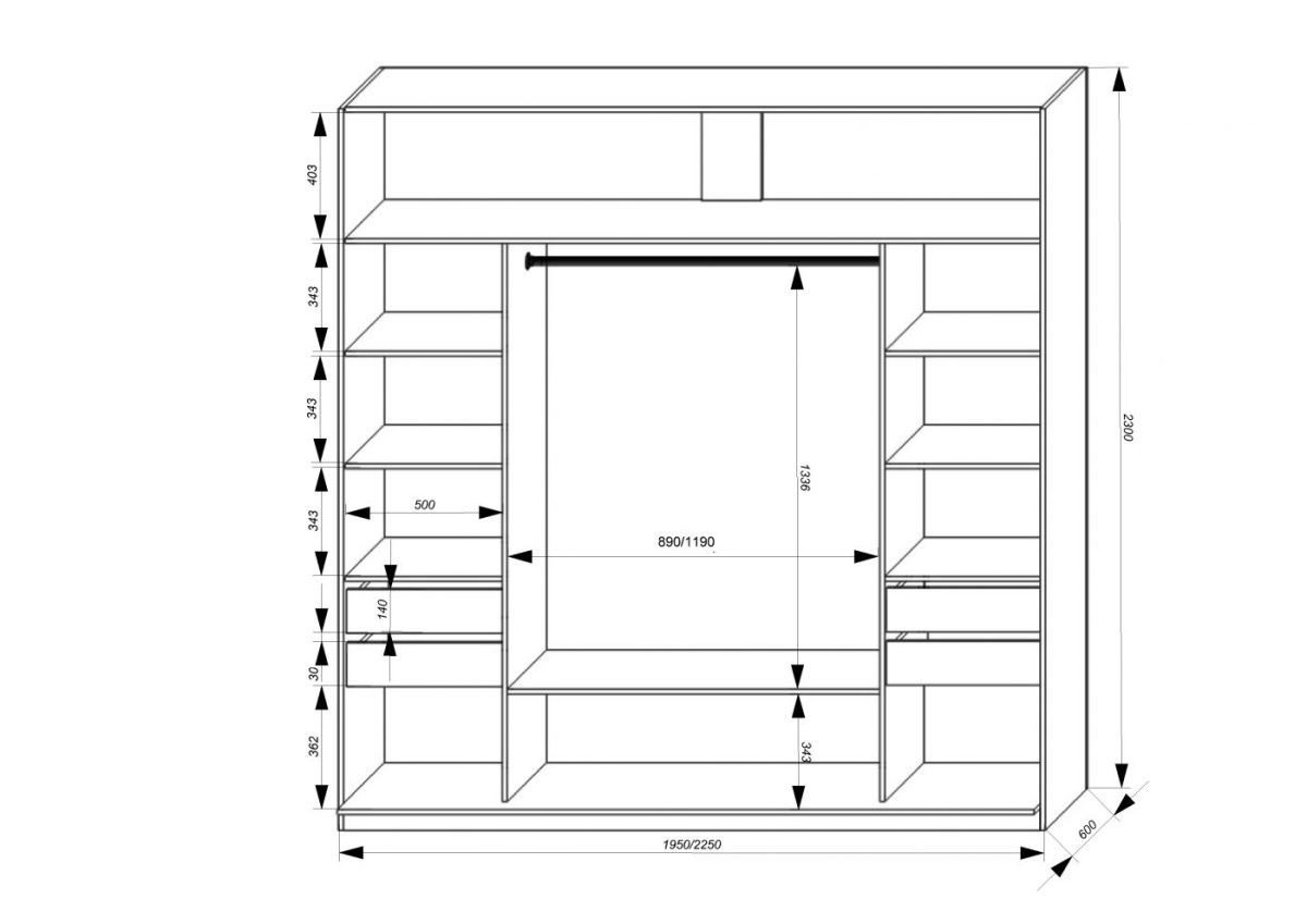 Шкаф-купе 1950 серии SILVER S5+S1+S5 B22+PL2 (по 2 ящика лев/прав+1 штанга+1 полка) профиль «Серебро» | фото 3