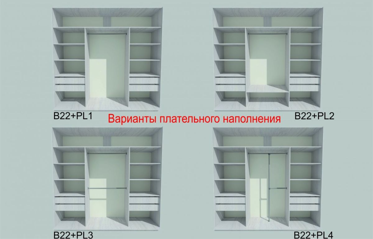 Шкаф-купе 1950 серии SILVER S5+S1+S5 B22+PL2 (по 2 ящика лев/прав+1 штанга+1 полка) профиль «Серебро» | фото 5